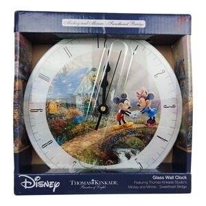 Disney Sweetheart Bridge Glass Wall Clock Thomas Kinkade Mickey Minnie NIP